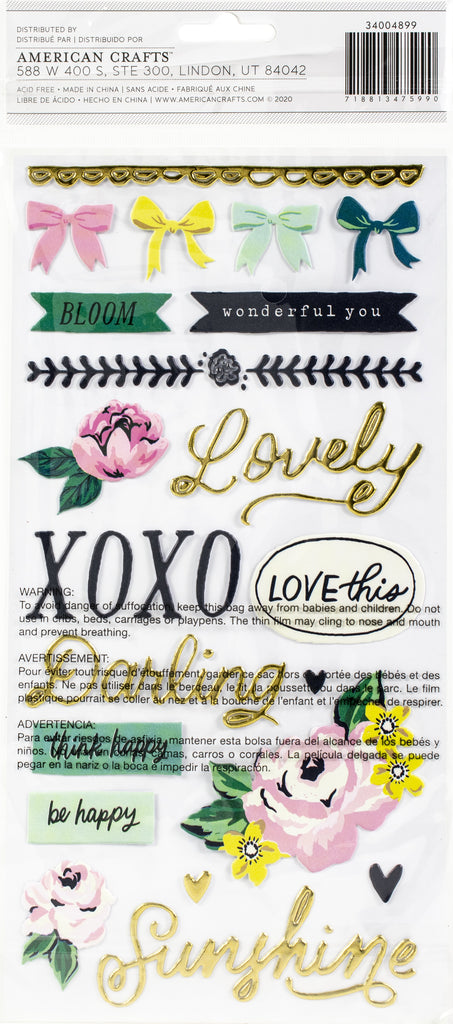 This package includes 70 Maggie Holmes Garden Party Thickers Stickers in a variety of phrases and icon accents, some with a gold foil finish. Imported.