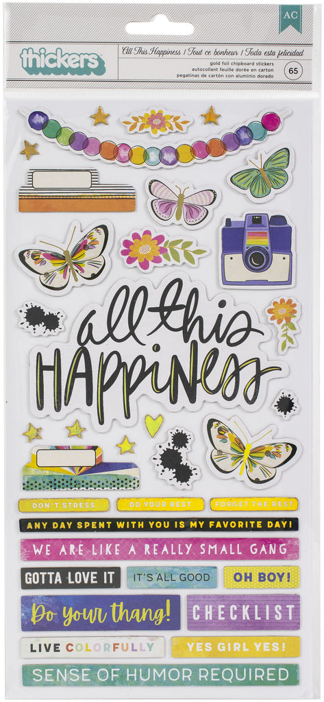 This package includes 65 phrase and embellishment Thickers in a variety of shapes and colors