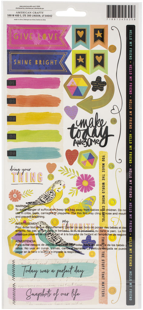 This package contains Vicki Boutin Color Study Cardstock Stickers- Icon & Phrases with Foil Accents, 103 pieces