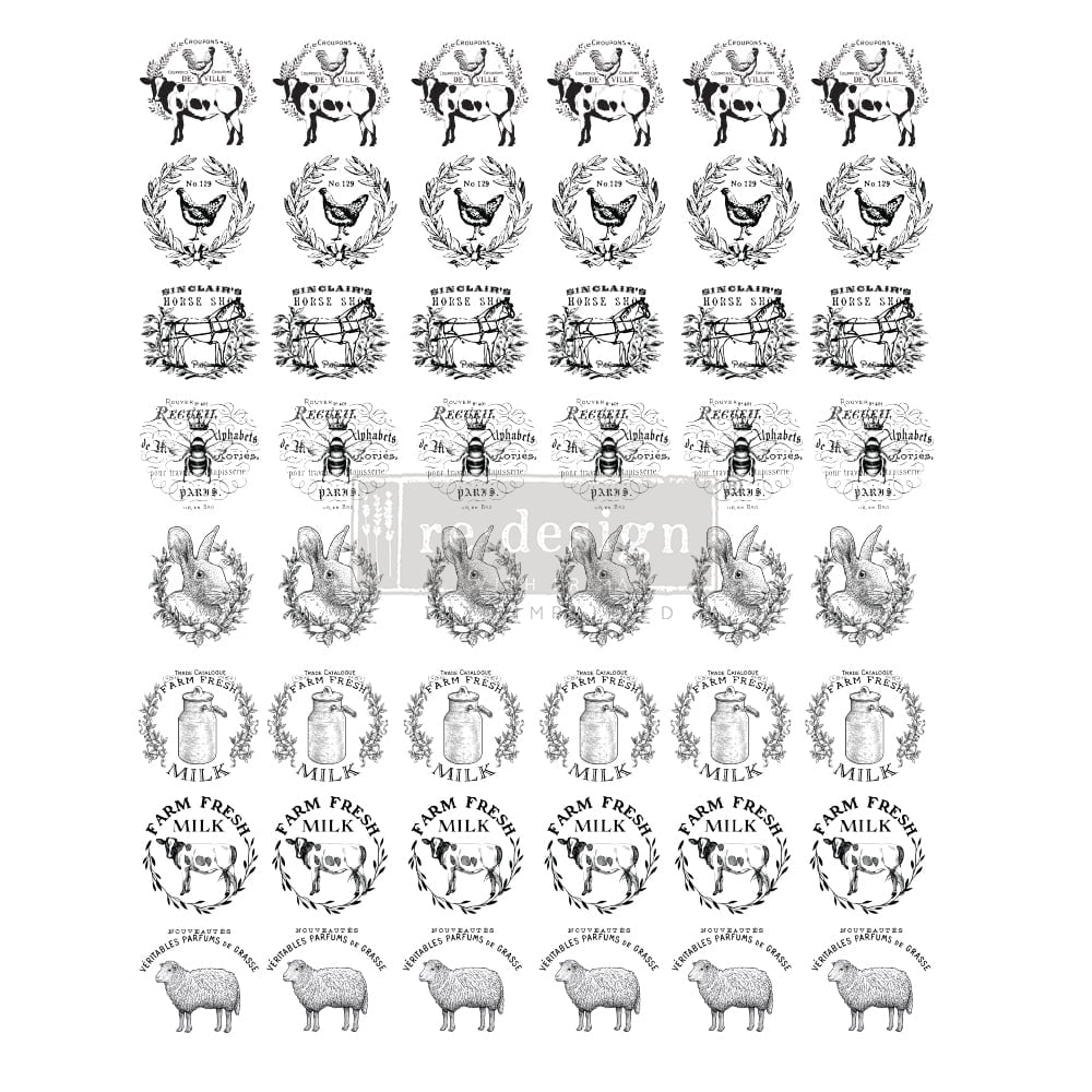 Shop Farm Sweet Farm Knob Transfer ReDesign with Prima Rub on Transfer with bees, roosters, cows, bunnies and sheep.