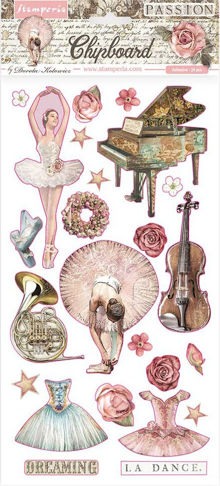 Stamperia Passion Dance Music Chipboard Die Cuts have an adhesive backing. They feature beautiful collections designed by top European artists