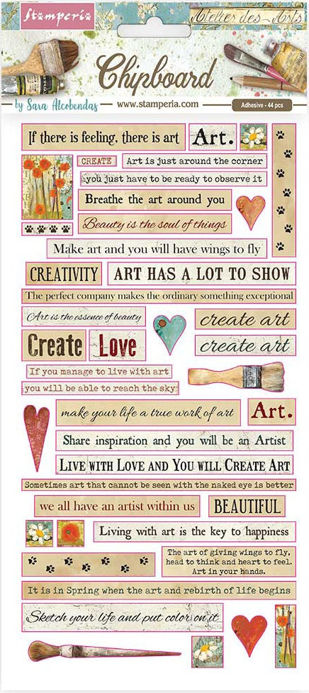 Stamperia Atelier Quotes Chipboard Die Cuts have an adhesive backing. They feature beautiful collections designed by top European artists
