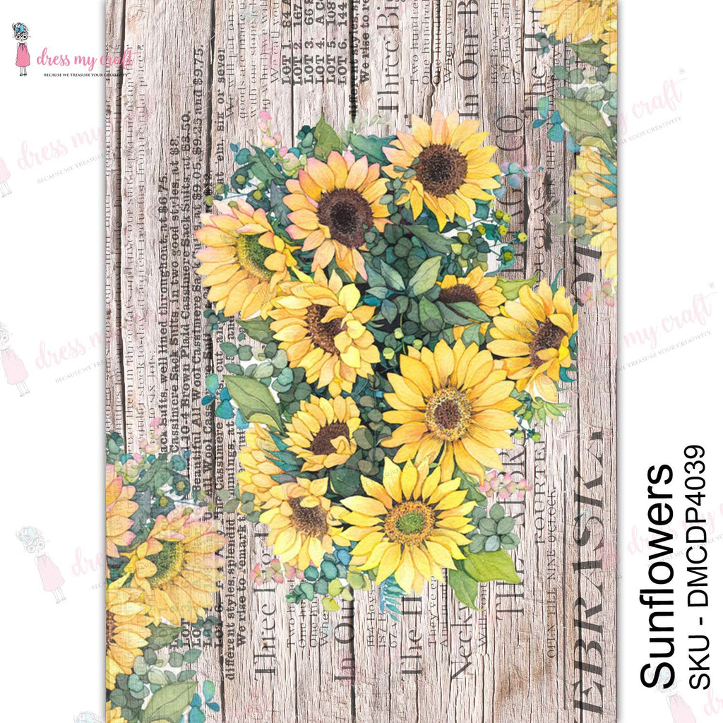 Shop Sunflowers Dress My Craft Transfer Me Papers for Craft Projects. Incredibly beautiful. Vibrant and Crisp transfer image. Perfect for Furniture Upcycle, DIY projects, Craft projects, Mixed Media, Decoupage Art and more.
