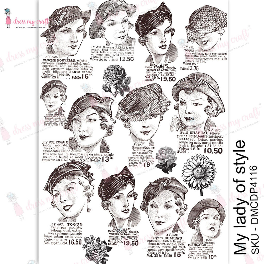 Shop Lady of Style Vintage Dress My Craft Transfer Me Papers for Craft Projects. Incredibly beautiful. Vibrant and Crisp transfer image. Perfect for Furniture Upcycle, DIY projects, Craft projects, Mixed Media, Decoupage Art and more.