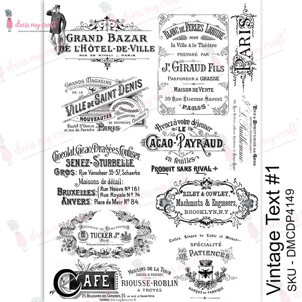 Shop Vintage Text Dress My Craft Transfer Me Papers for Craft Projects. Incredibly beautiful. Vibrant and Crisp transfer image. Perfect for Furniture Upcycle, DIY projects, Craft projects, Mixed Media, Decoupage Art and more.