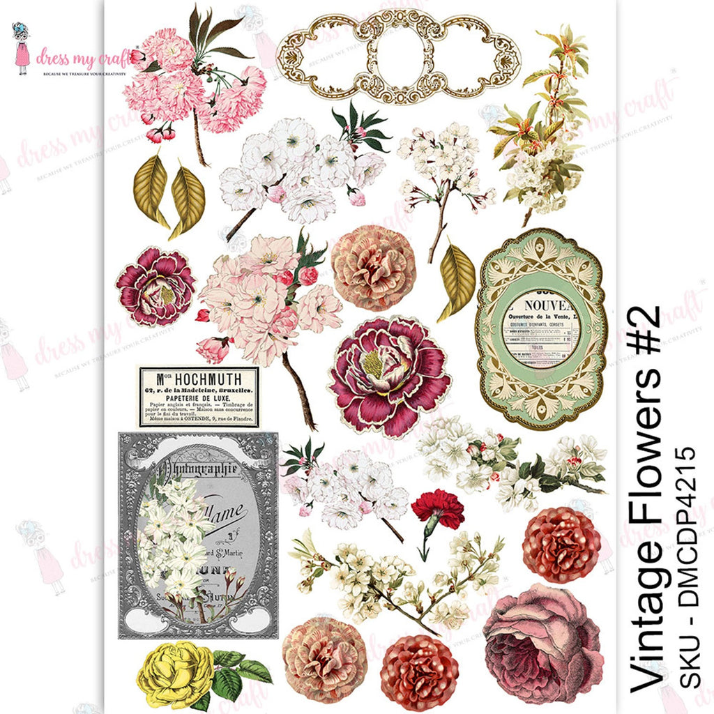Shop Vintage Flowers Dress My Craft Transfer Me Papers for Craft Projects. Incredibly beautiful. Vibrant and Crisp transfer image. Enhances look of Wood, Metal, Plastic, Leather, Marble, Glass, Terracotta