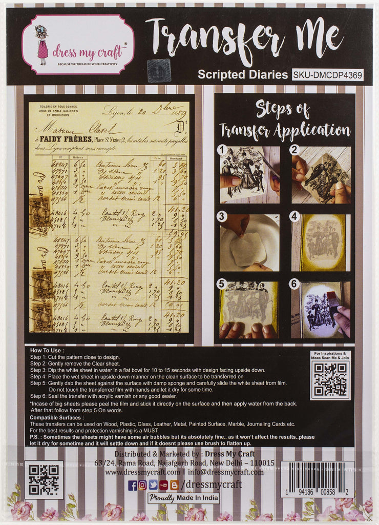 Shop Scripted Diaries Dress My Craft Transfer Me Papers for Craft Projects. Incredibly beautiful. Vibrant and Crisp transfer image. Perfect for Furniture Upcycle, DIY projects, Craft projects, Mixed Media, Decoupage Art and more.