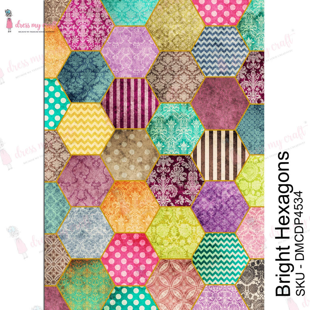 Shop Bright Hexagons Dress My Craft Transfer Me Papers for Craft Projects. Incredibly beautiful. Vibrant and Crisp transfer image. Perfect for Furniture Upcycle, DIY projects, Craft projects, Mixed Media, Decoupage Art and more.