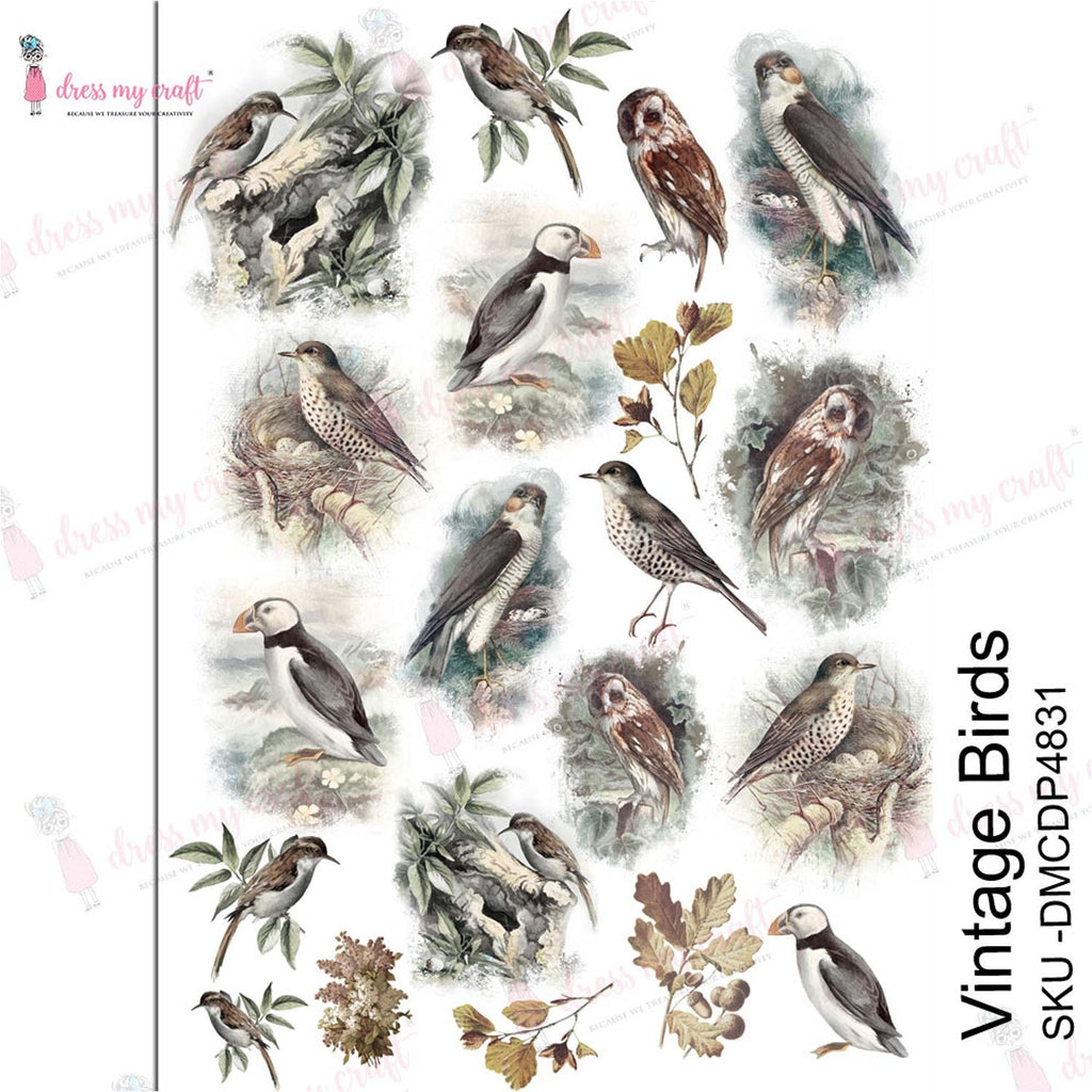 Shop Vintage Birds Dress My Craft Transfer Me Papers for Craft Projects. Incredibly beautiful. Vibrant and Crisp transfer image. Perfect for Furniture Upcycle, DIY projects, Craft projects, Mixed Media, Decoupage Art and more.