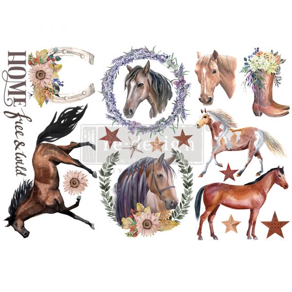 ReDesign with Prima Wild Soul Horse Decor Transfers® are easy to use rub-on transfers for Furniture and Mixed Media uses. Simply peel, rub-on and transfer. Enhances look of painted or unpainted wood, glass, mirrors