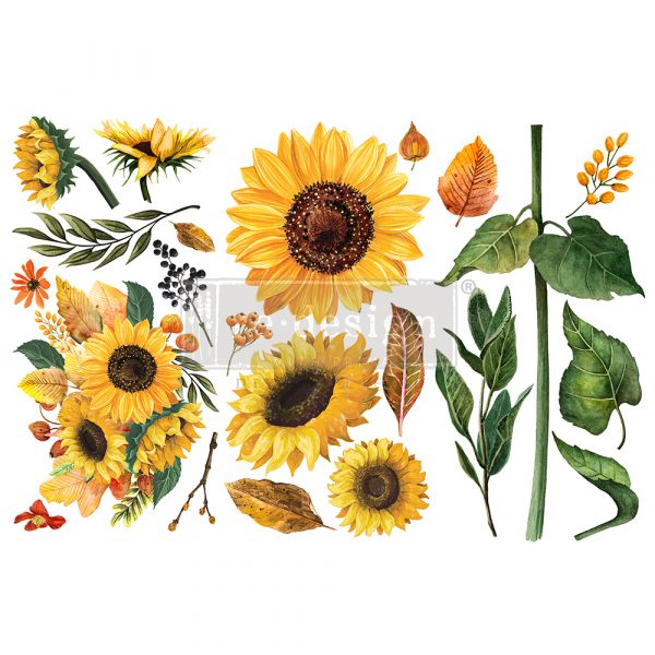 ReDesign with Prima Sunflower Afternoon Decor Transfers® are easy to use rub-on transfers for Furniture and Mixed Media uses. Simply peel, rub-on and transfer.
