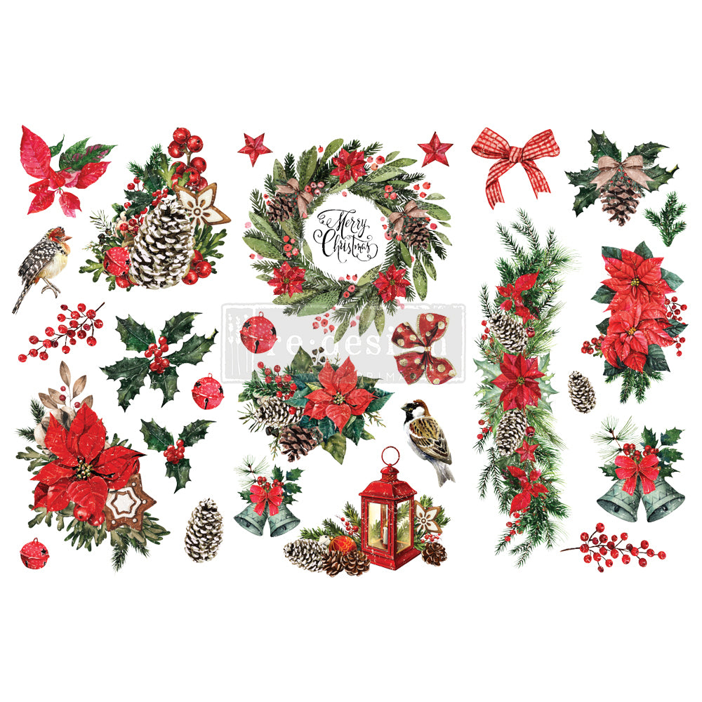 Shop Classic Christmas ReDesign with Prima Rub on Transfer with Wreath Pine Cones Greenery and Poinsettia