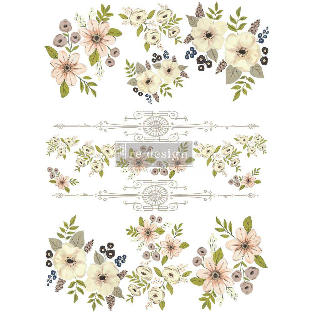 ReDesign with Prima Painted Florals Decor Transfers® are easy to use rub-on transfers for Furniture and Mixed Media uses. Simply peel, rub-on and transfer