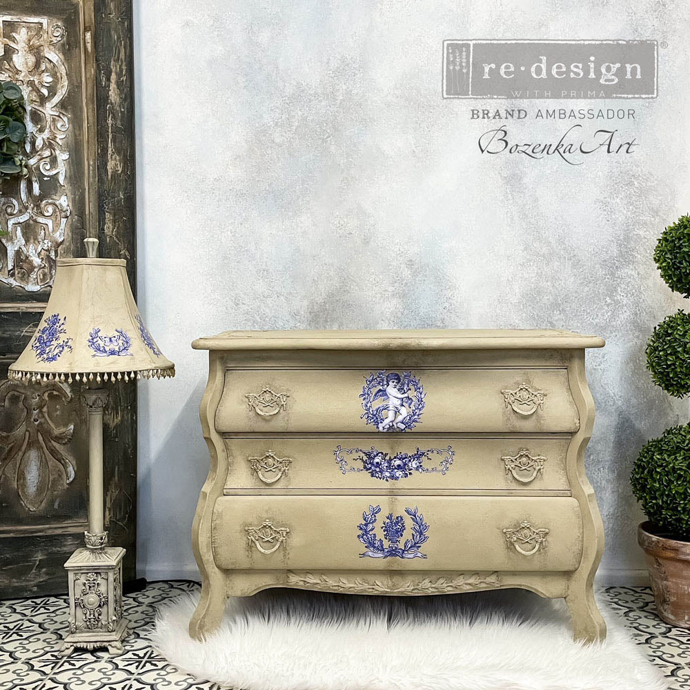 ReDesign with Prima French Blue Decor Transfers® are easy to use rub-on transfers for Furniture and Mixed Media uses. Simply peel, rub-on and transfer.