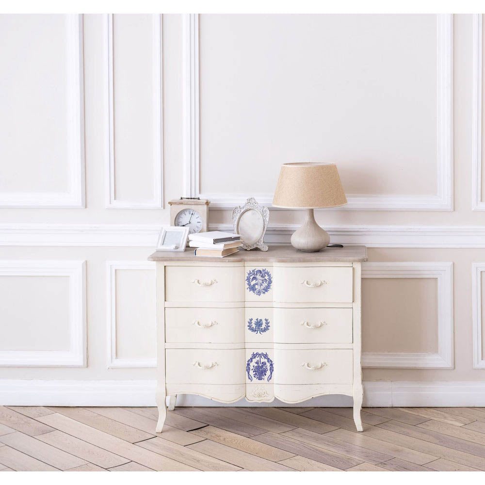 ReDesign with Prima French Blue Decor Transfers® are easy to use rub-on transfers for Furniture and Mixed Media uses. Simply peel, rub-on and transfer.