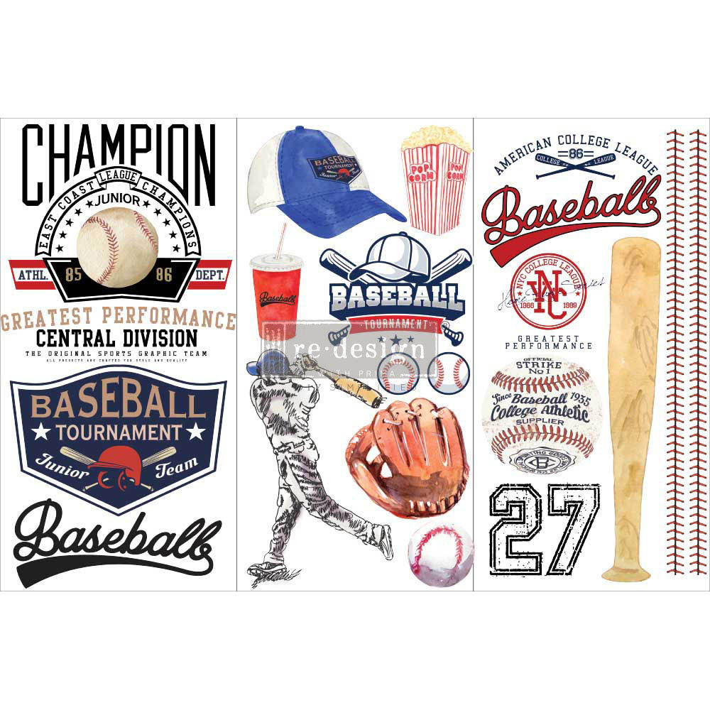 ReDesign with Prima Baseball Decor Transfers® are easy to use rub-on transfers for Furniture and Mixed Media uses. Simply peel, rub-on and transfer