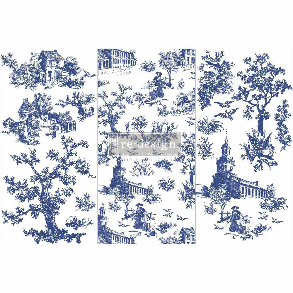 ReDesign with Prima blue and white floral Toile Decor Transfers® are easy to use rub-on transfers for Furniture and Mixed Media uses. Simply peel, rub-on and transfer.