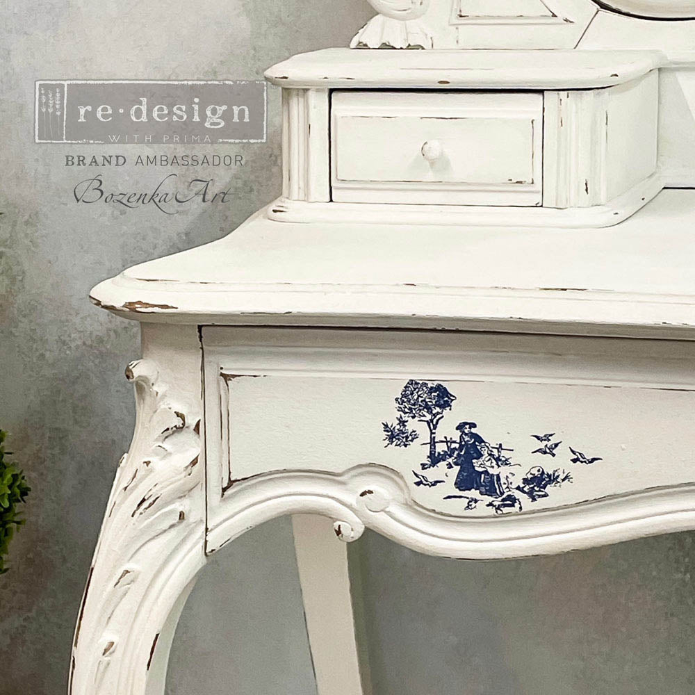 ReDesign with Prima blue and white floral Toile Decor Transfers® are easy to use rub-on transfers for Furniture and Mixed Media uses. Simply peel, rub-on and transfer.