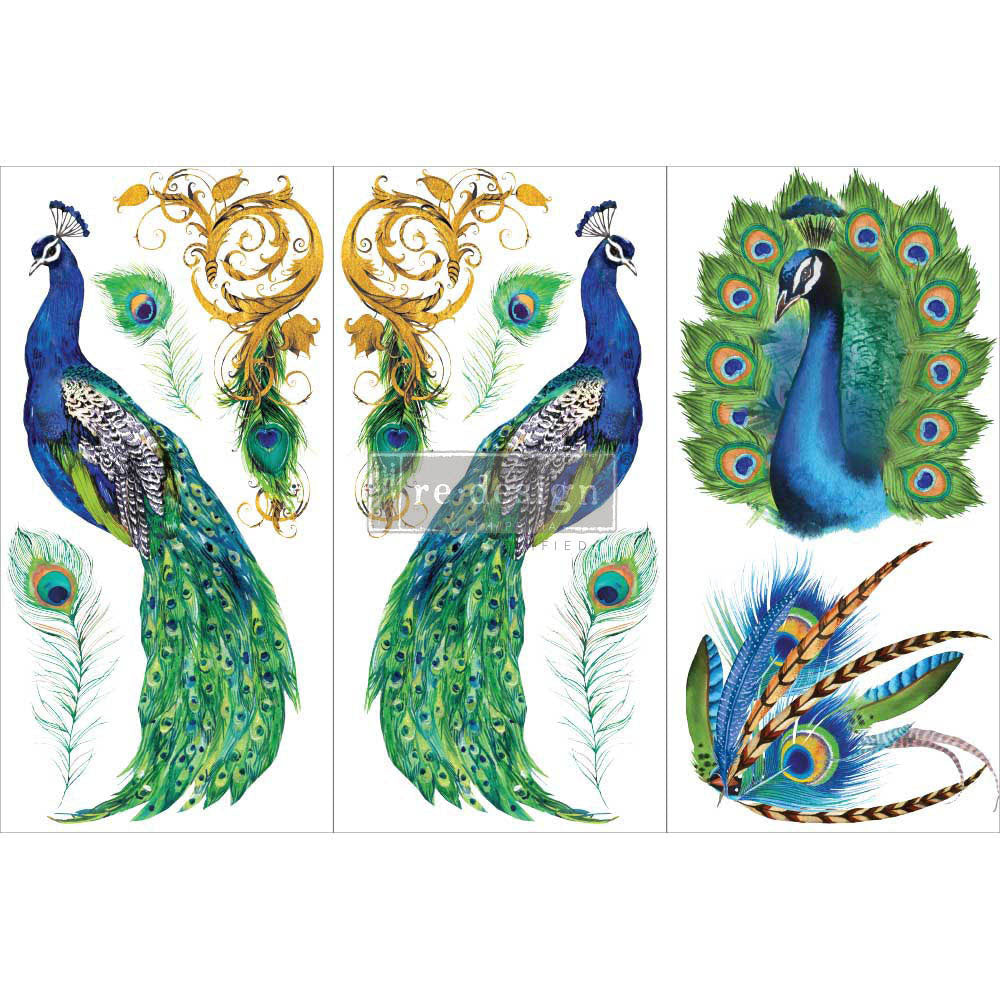 ReDesign with Prima Peacock Paradise Decor Transfers® are easy to use rub-on transfers for Furniture and Mixed Media uses. Simply peel, rub-on and transfer.