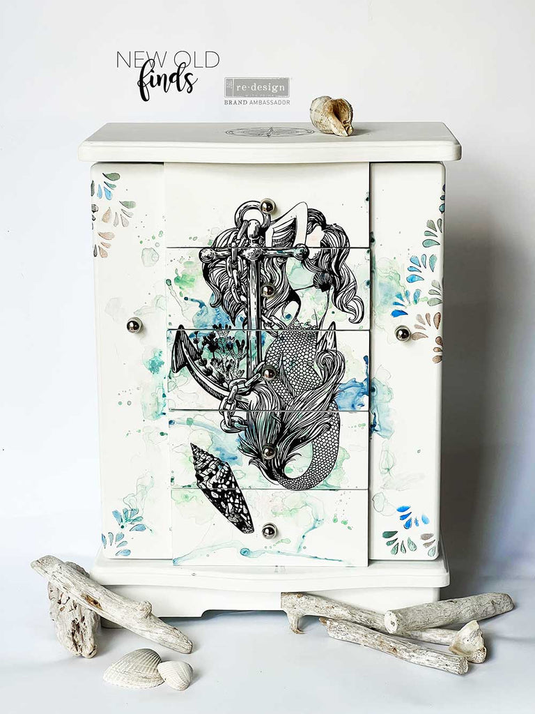 ReDesign with Prima Mermaid Treasures Decor Transfers® are easy to use rub-on transfers for Furniture and Mixed Media uses. Simply peel, rub-on and transfer