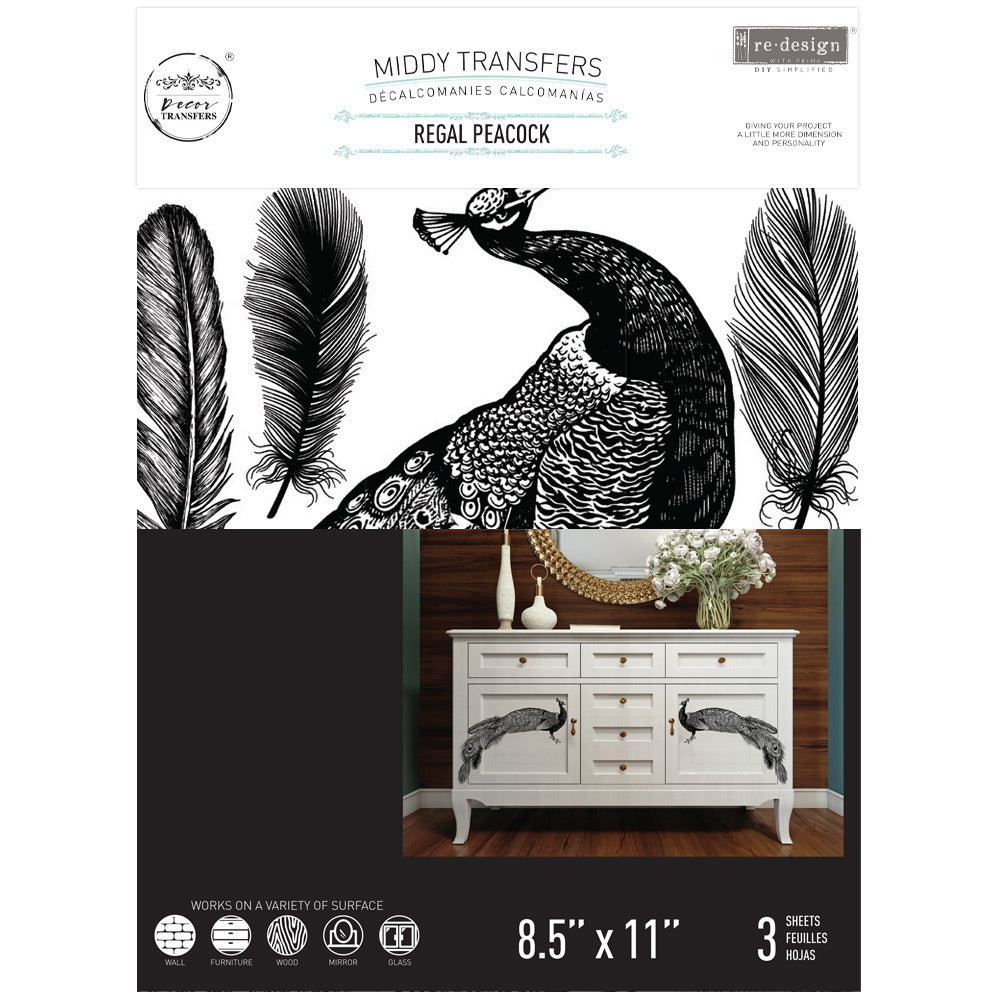 ReDesign with Prima Regal Peacock Decor Transfers® are easy to use rub-on transfers for Furniture and Mixed Media uses. Simply peel, rub-on and transfer.