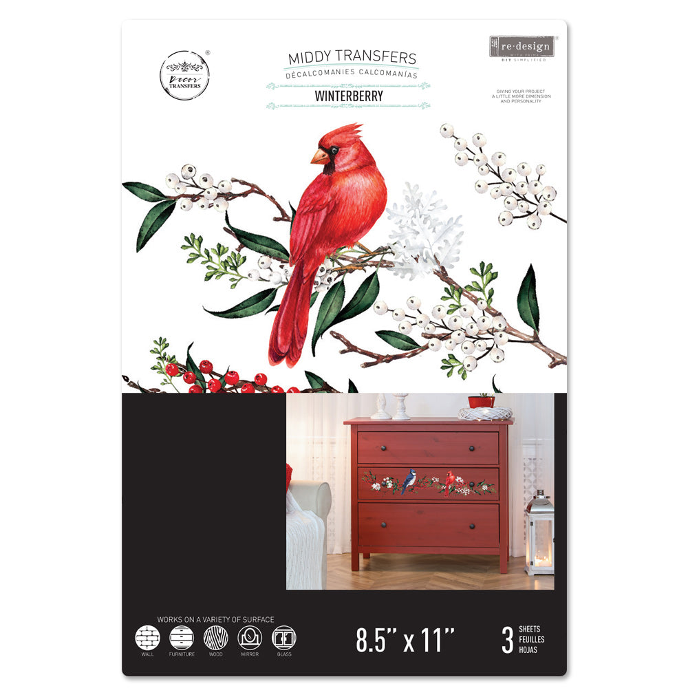 ReDesign with Prima Winterberry Decor Transfers® are easy to use rub-on transfers for Furniture and Mixed Media uses. Simply peel, rub-on and transfer.