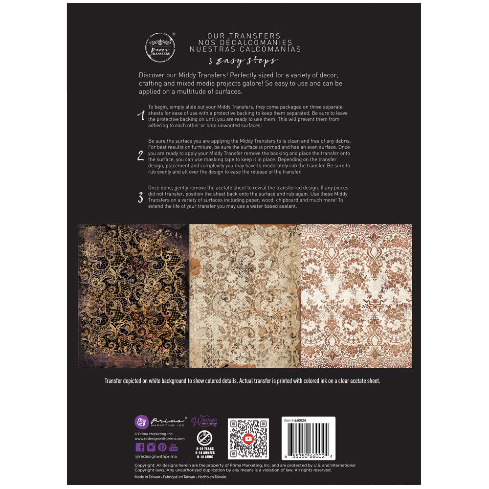 ReDesign with Prima Delicate Lace Decor Transfers® are easy to use rub-on transfers for Furniture and Mixed Media uses. Simply peel, rub-on and transfer.