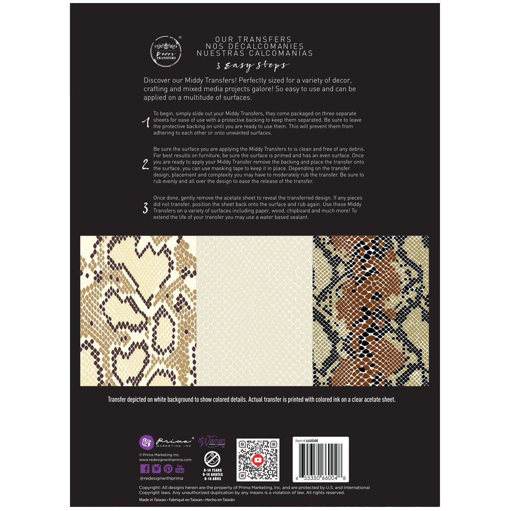 ReDesign with Prima Wild Textures Decor Transfers® are easy to use rub-on transfers for Furniture and Mixed Media uses. Simply peel, rub-on and transfer. 