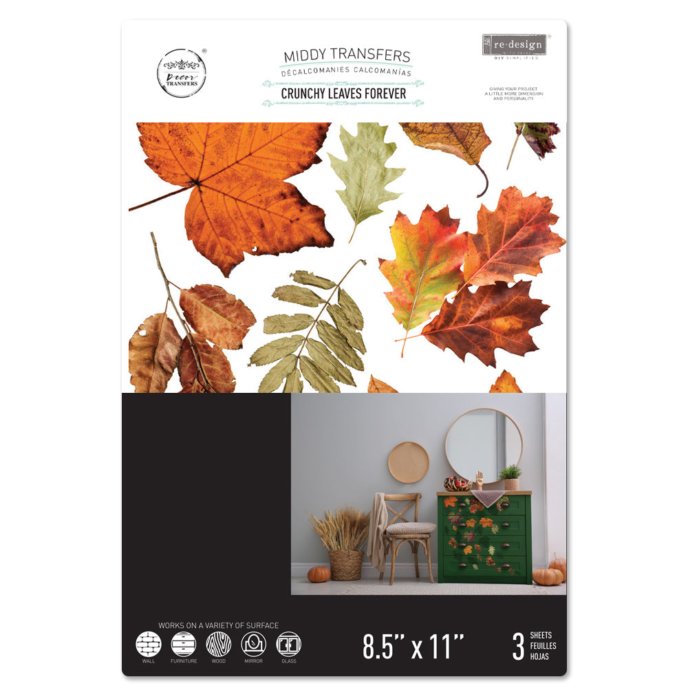 ReDesign with Prima Crunchy Leaves Forever Decor Transfers® are easy to use rub-on transfers for Furniture and Mixed Media uses