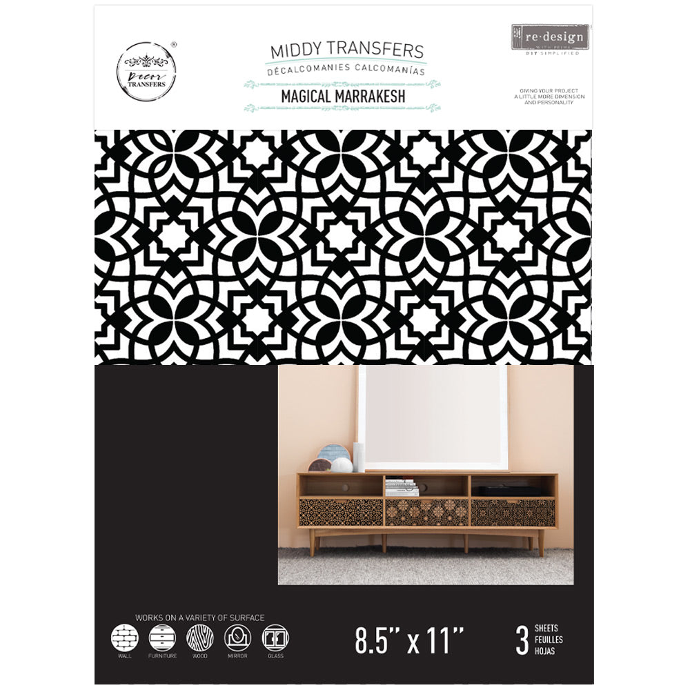 ReDesign with Prima Magical Marrakesh Decor Transfers® are easy to use rub-on transfers for Furniture and Mixed Media uses. Simply peel, rub-on and transfer. 