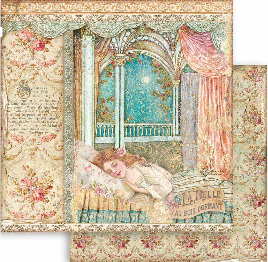 Beautiful Sleeping Beauty Stamperia Scrapbooking Paper Set. These beautiful high quality papers by Stamperia are themed sets with coordinating designs. They are 190g weight. Perfect for your next Decoupage Craft