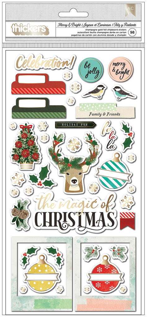 This package contains Vicki Boutin Warm Wishes Thickers Stickers - Merry & Bright Chipboard Phrases & Icons, 98 pieces.