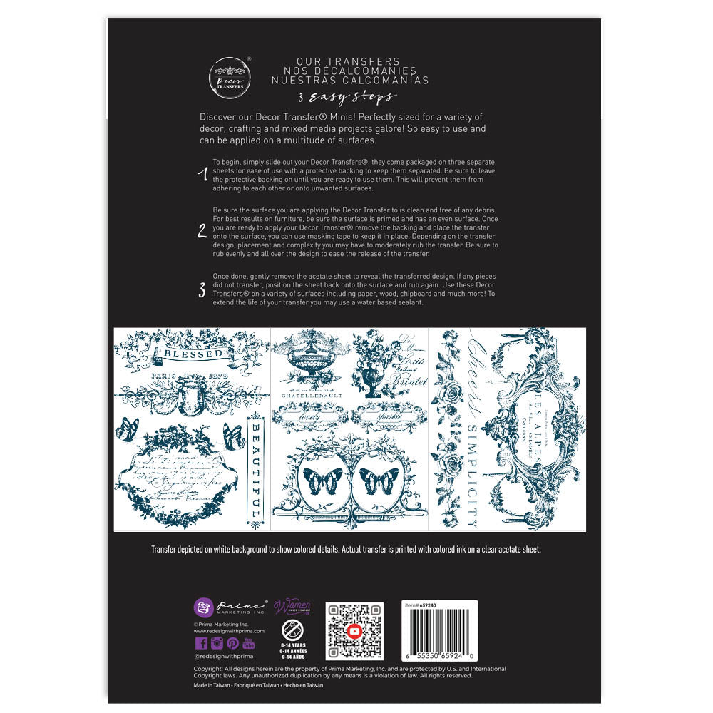 Midnight blue butterflies and script. ReDesign with Prima Lovely Labels Decor Transfers® are easy to use rub-on transfers for Furniture and Mixed Media uses. 