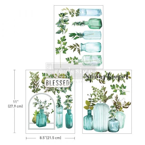 Several green & blue vases with greenery. ReDesign with Prima Vintage Greenhouse Decor Transfers® are easy to use rub-on transfers for Furniture and Mixed Media uses.