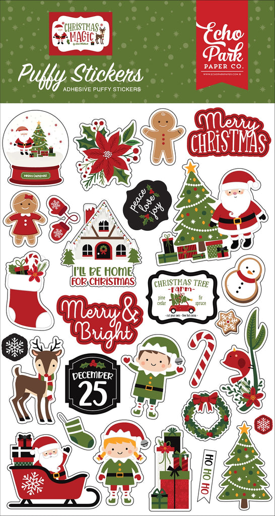 Package contains Echo Christmas Magic Park Puffy Stickers. Assorted Sizes. 28 pieces. Package Size: 4.1 x 7.5 inches