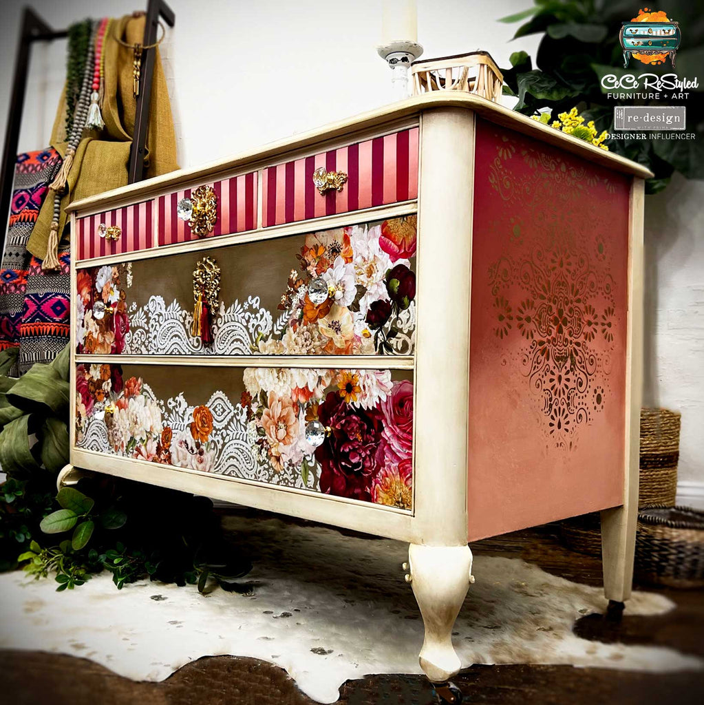 ReDesign with Prima Classic Peach Decor Transfers® are easy to use rub-on transfers for Furniture and Mixed Media uses. Simply peel, rub-on and transfer.