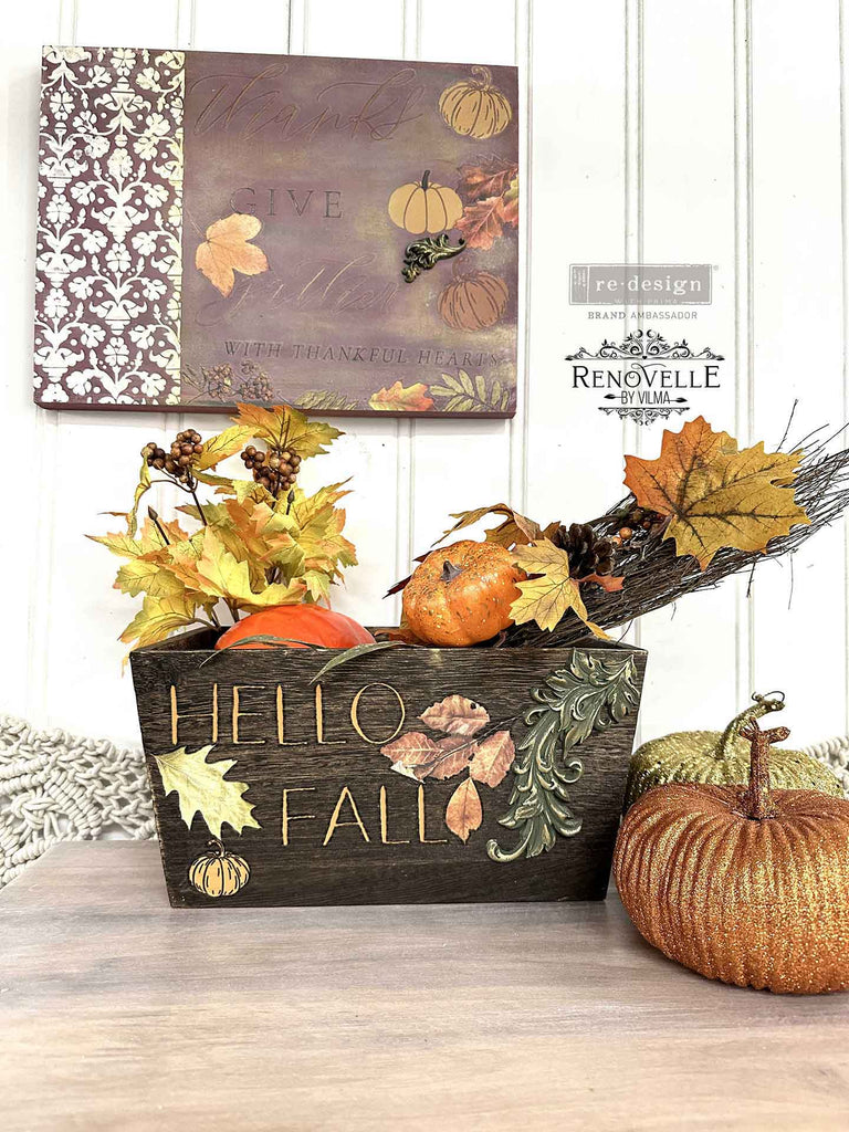 ReDesign with Prima Fall Festive Decor Transfers® are easy to use rub-on transfers for Furniture and Mixed Media uses. Simply peel, rub-on and transfer.