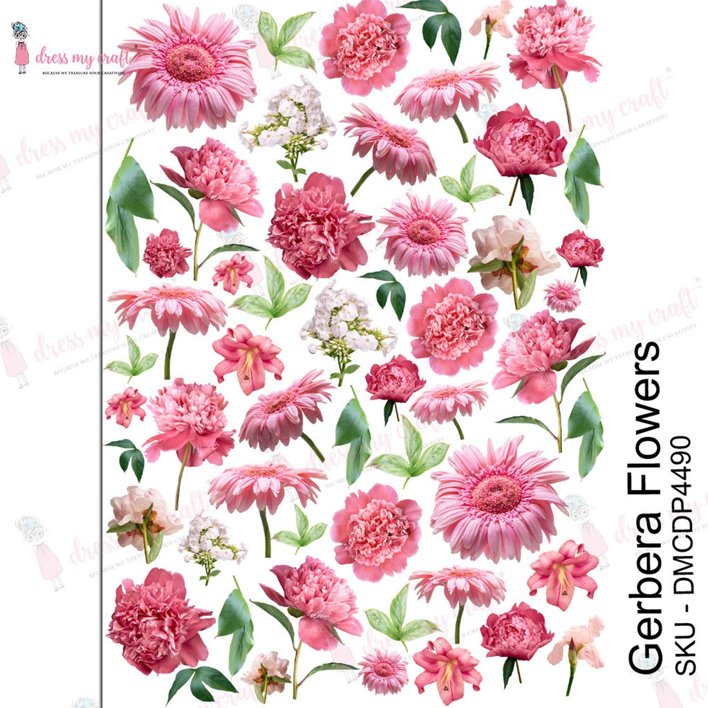 Shop Gerbera Flowers Dress My Craft Transfer Me Papers for Craft Projects. Incredibly beautiful. Vibrant and Crisp transfer image. Perfect for Furniture Upcycle, DIY projects, Craft projects, Mixed Media, Decoupage Art and more.