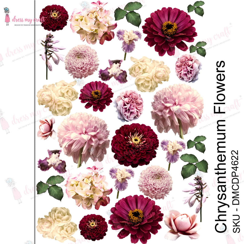 Shop Chrysanthemum Flowers Dress My Craft Transfer Me Papers for Craft Projects. Incredibly beautiful. Vibrant and Crisp transfer image. Perfect for Furniture Upcycle, DIY projects, Craft projects, Mixed Media, Decoupage Art and more.