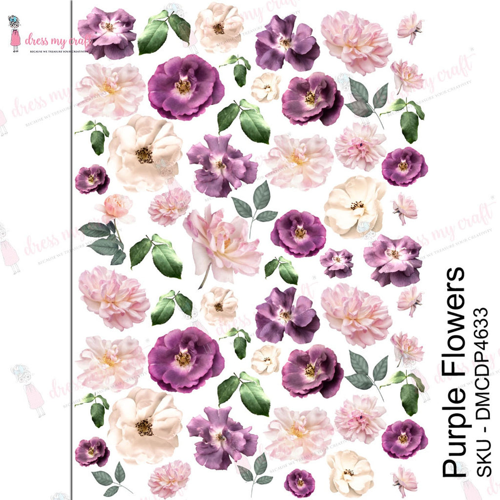 Shop Purple Flowers Dress My Craft Transfer Me Papers for Craft Projects. Incredibly beautiful. Vibrant and Crisp transfer image. Perfect for Furniture Upcycle, DIY projects, Craft projects, Mixed Media, Decoupage Art and more.