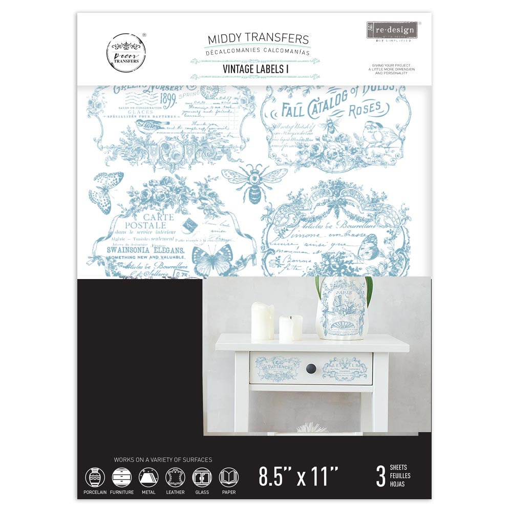 ReDesign with Prima cornflower blue Vintage Labels I Decor Transfers® are easy to use rub-on transfers for Furniture and Mixed Media uses