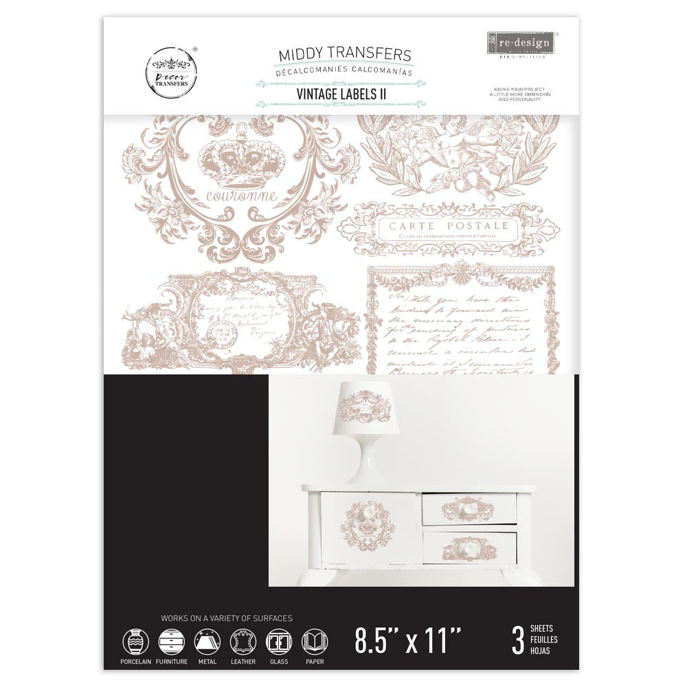 Ornate labels in soft, warm grey are featured in Vintage Labels II