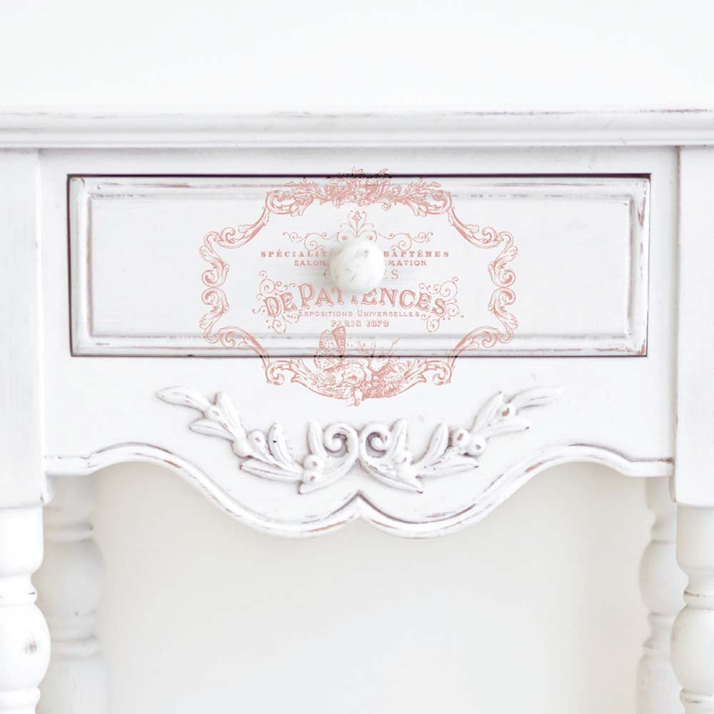 ReDesign with Prima pink colored Vintage Labels III Decor Transfers® are easy to use rub-on transfers for Furniture and Mixed Media uses. Simply peel, rub-on and transfer.