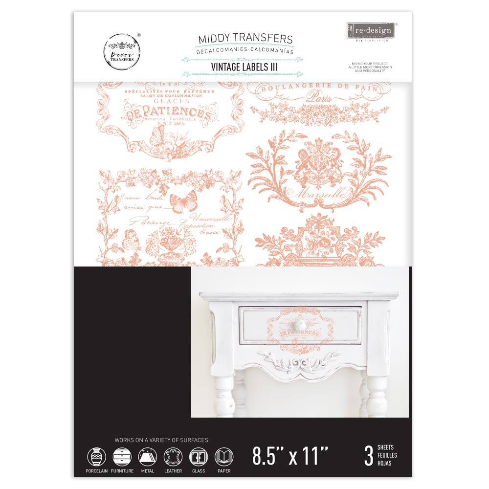 ReDesign with Prima pink colored Vintage Labels III Decor Transfers® are easy to use rub-on transfers for Furniture and Mixed Media uses. Simply peel, rub-on and transfer.
