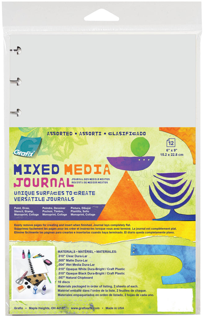 Grafix - Mixed Media Journal is a Disc-Bound system with 12 sheets of Grafix popular series. These Mixed Media Journals feature 6 surfaces which are geared toward a variety of mixed media applications