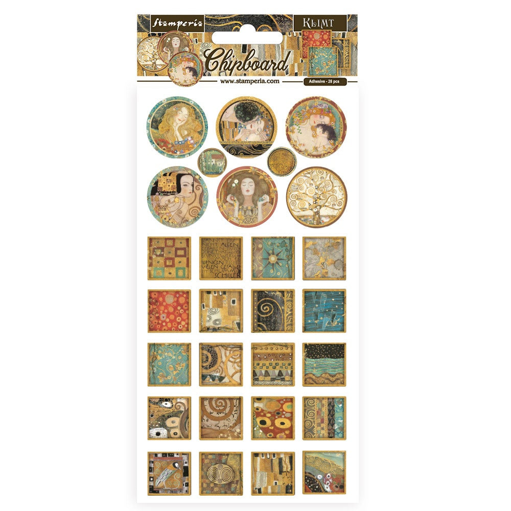 Stamperia Squares & Rounds Klimt Chipboard Die Cuts have an adhesive backing. They feature beautiful collections designed by top European artists