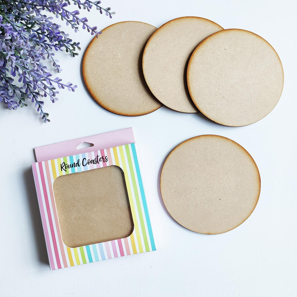 4" MDF Round Coasters Dress My Craft - Create your own beautiful coasters! These can be used with transfer me sheets, decoupage sheets, rice papers, napkins, colors, resin art, mixed media