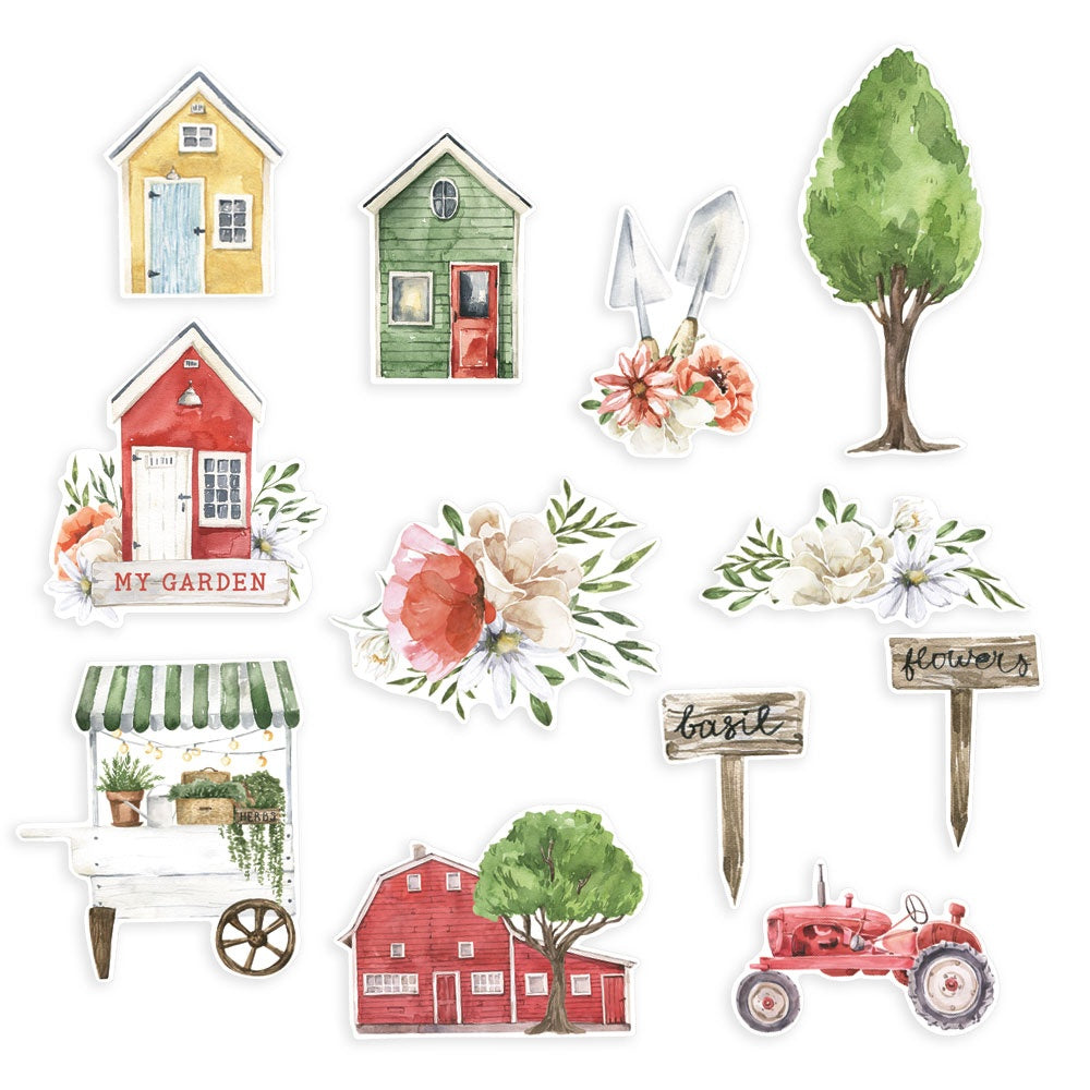 Farm Sweet Farm Cardstock die cut embellishments can add whimsy, dimension, color and style to greeting cards, scrapbook pages, altered art, mixed media