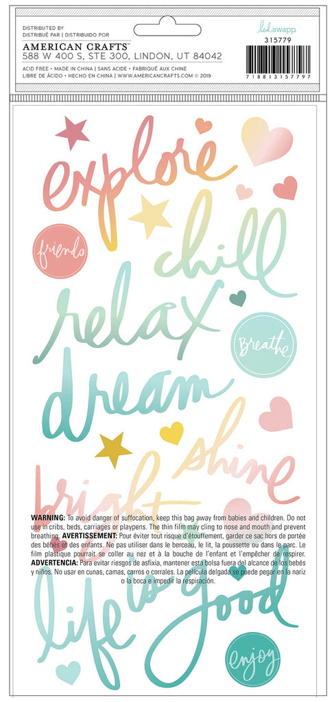 This package contains Heidi Swapp Sun Chaser Thickers Stickers, Phrase, 184 pieces