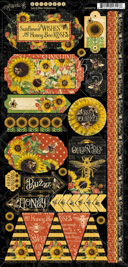 Let it Bee is a bright, fun, and bee-u-tiful collection by Graphic 45. Full of vibrant sunflowers, golden bees, and bright red poppies all set on a striking black backdrop